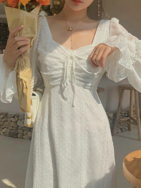Vintage Fairy Dress Women Elegant Chiffon Dress Long Sleeve French Party Midi