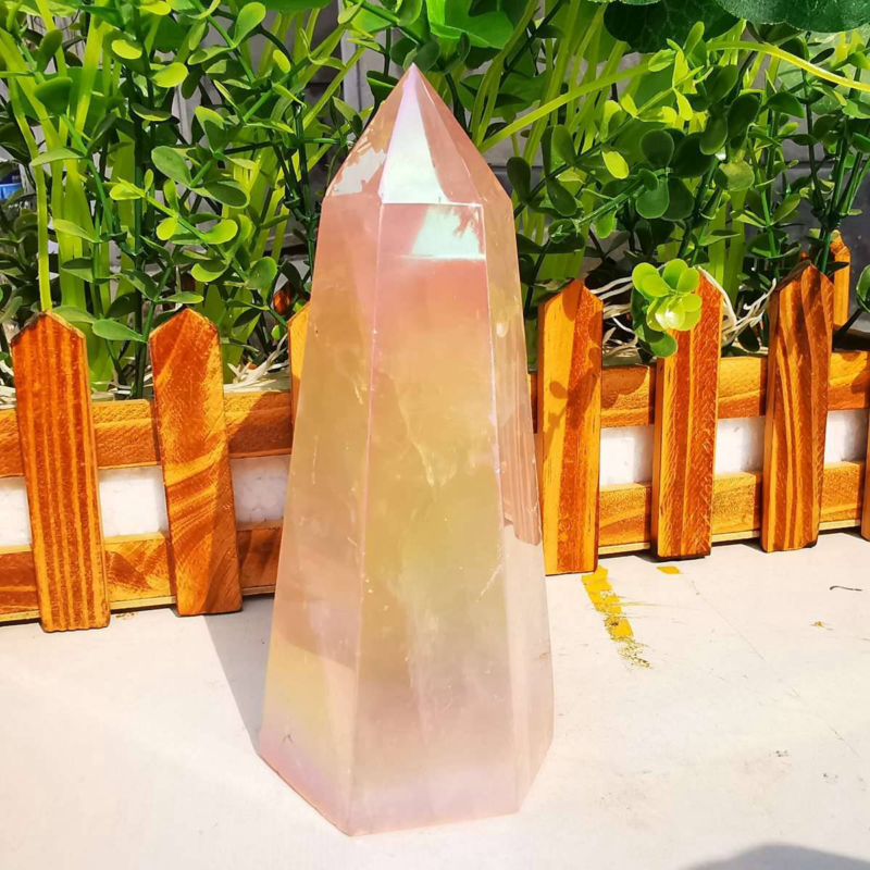 535g electroplated natural pink rose quartz obelisk rainbow crystal point reiki