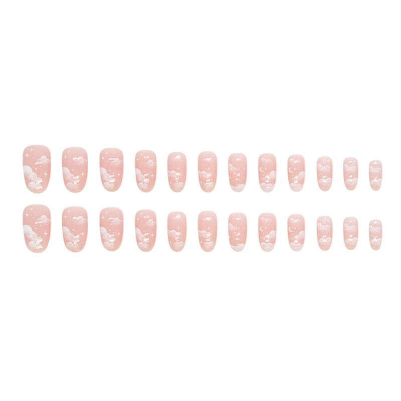 Summer Sunny Clouds False Nail Short Almond Press on Nails for Nail Art 24pcs