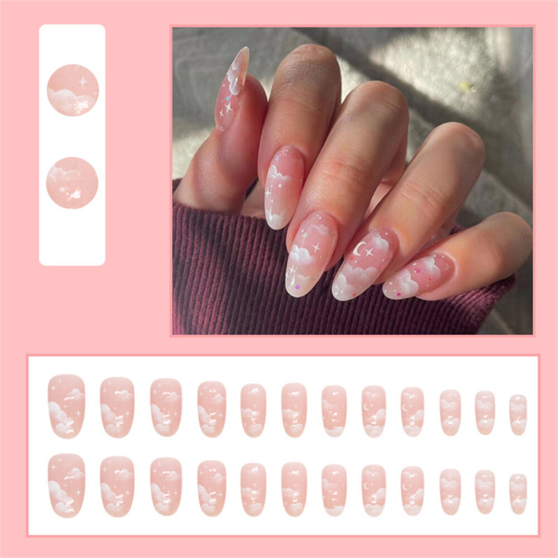 Summer Sunny Clouds False Nail Short Almond Press on Nails for Nail Art 24pcs