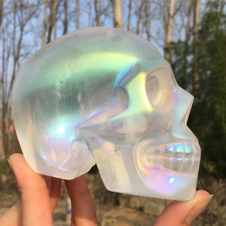 Titanium Rainbow Clear Melting stone Crystal Skull Reiki Heal Mineral Sample 1PC