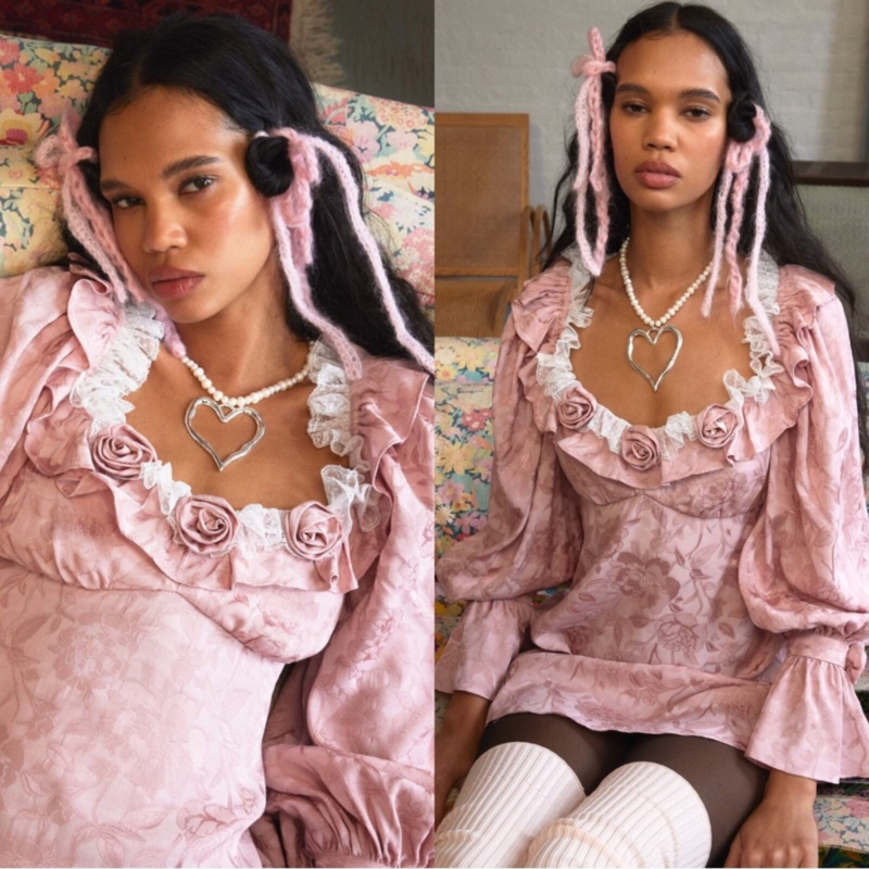 NWT For Love and Lemons Pink Rosalia Ruffle Floral Jacquard Mini Dress Size M