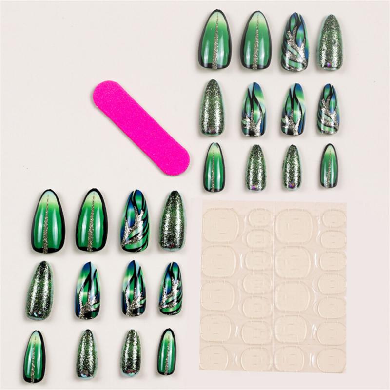 Sparkling Crack Green False Nail Short Almond Press on Nails for Nail Art 24pcs