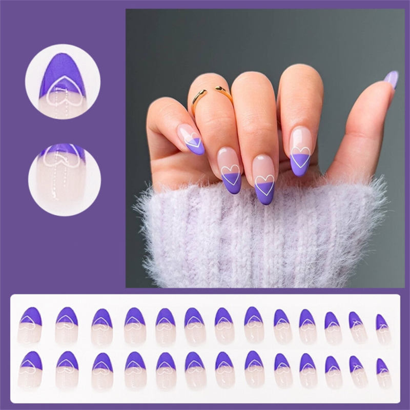 Purple Heart Winter False Nail Short Almond Press on Nails for Nails Art 24pcs