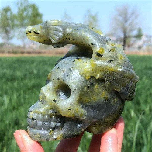 500g Natural carved Unknown Stone dragon Skull reiki quartz crystal skull polish
