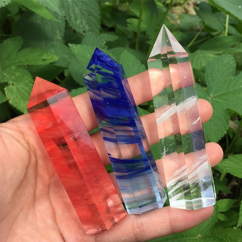 3PC Red+Blue+Clear Melting Stone Obelisk Quartz Crystal Wand Point Decoration