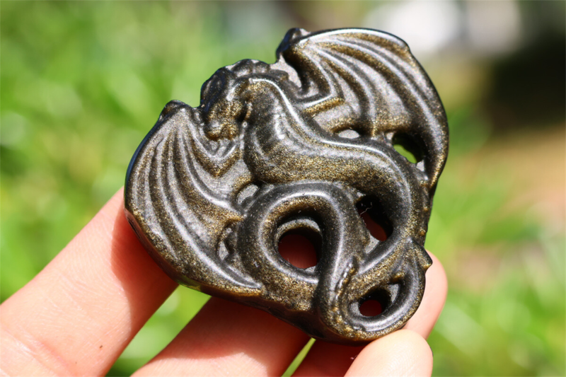 1.9" Hand Carved Natural Gold obsidian dragon Reiki Crystal Skull decor 1PC