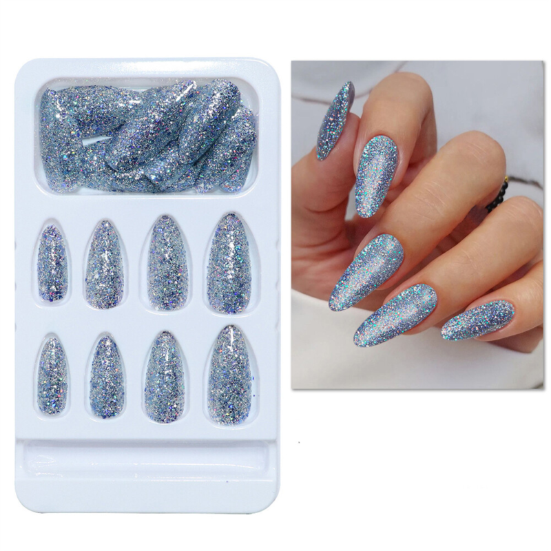 Sparkly Gray Blue False Nail Long Almond Press on Nails for Nail Art Decor 24pcs