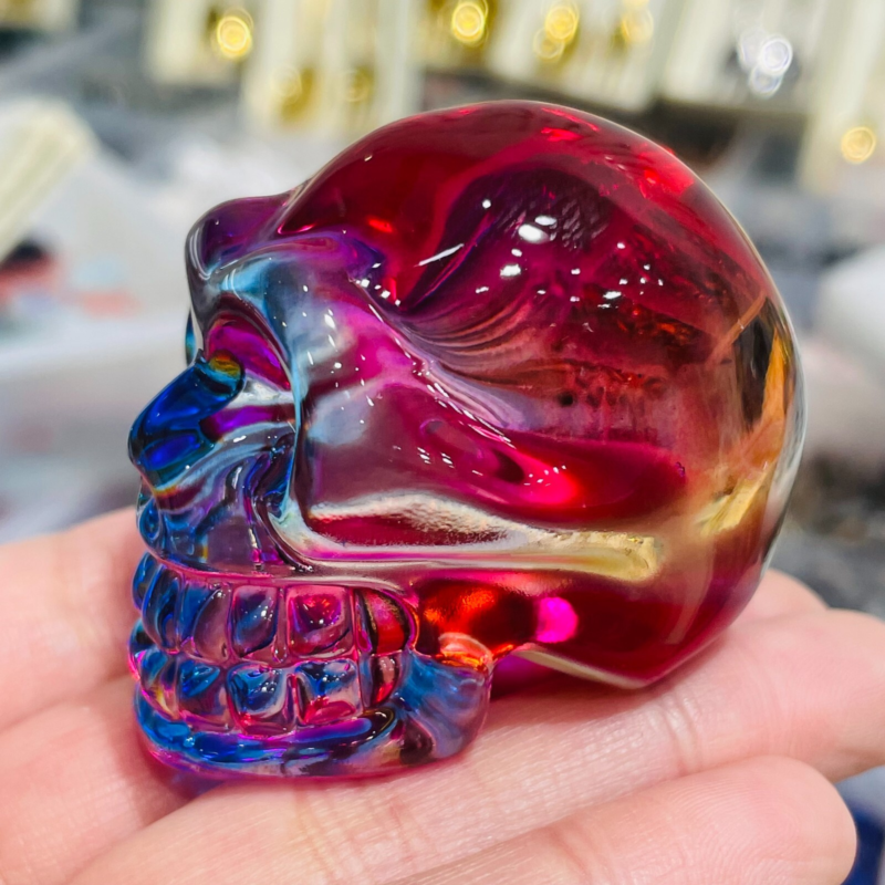 2" Rainbow Titanium melting Quartz Hand carved skull crystal reiki healing 1PC