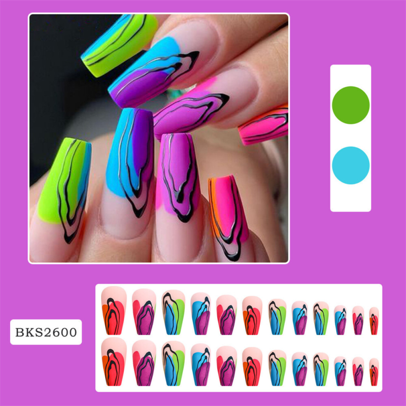 Coffin Medium False Nail Colorful Graffiti Press on Nails for Nail Art 24pcs