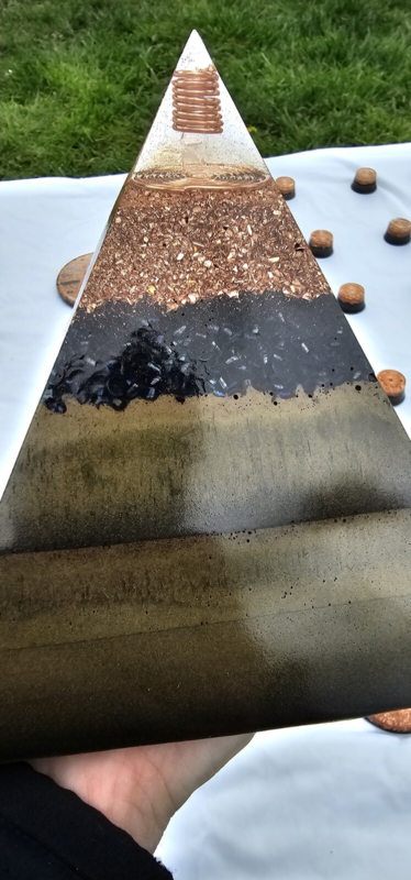 Orgonite Pyramid 6" x 6" x 6" copper coil, metal powder, quartz
