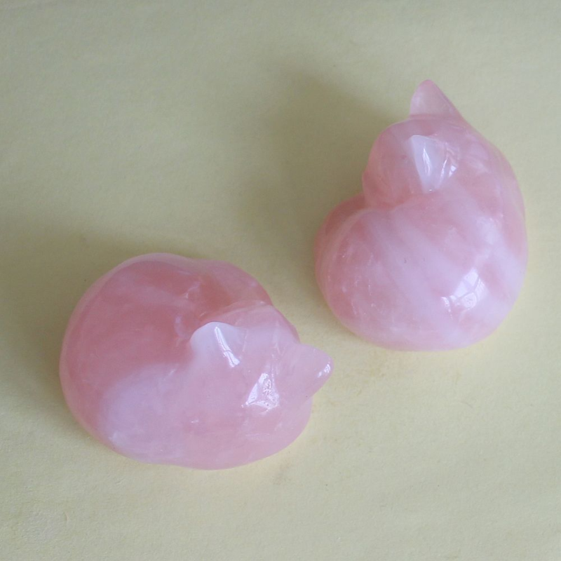 Carved gemstone rose quartz crystal sleeping cat figurine animal home decor 2''