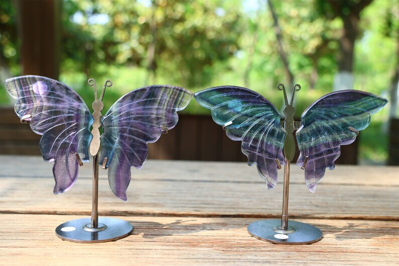 5.2'' A pair Natural Fluorite Butterfly Wing Reiki Crystal Skull Decor + Stand