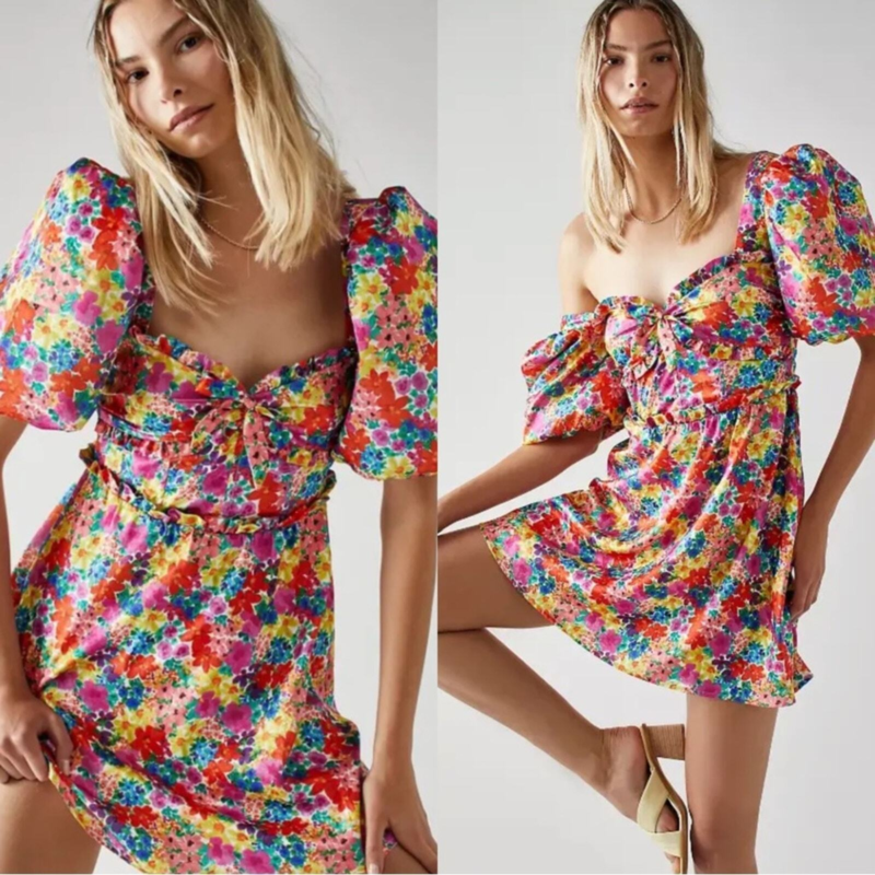 For Love & Lemons Merrill Floral Puff Sleeve Mini Dress in Red Size 1X