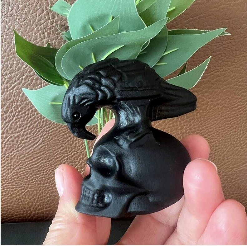 TOP ! Natural Obsidian Hand Carved Crow Skull Crystal Quartz Reiki Healing 1PC