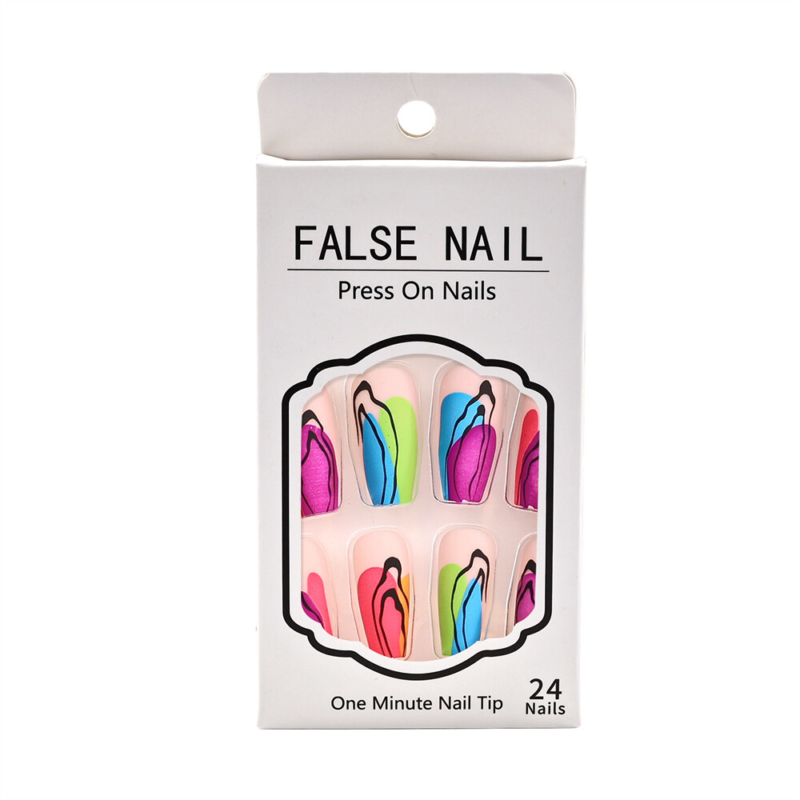Coffin Medium False Nail Colorful Graffiti Press on Nails for Nail Art 24pcs