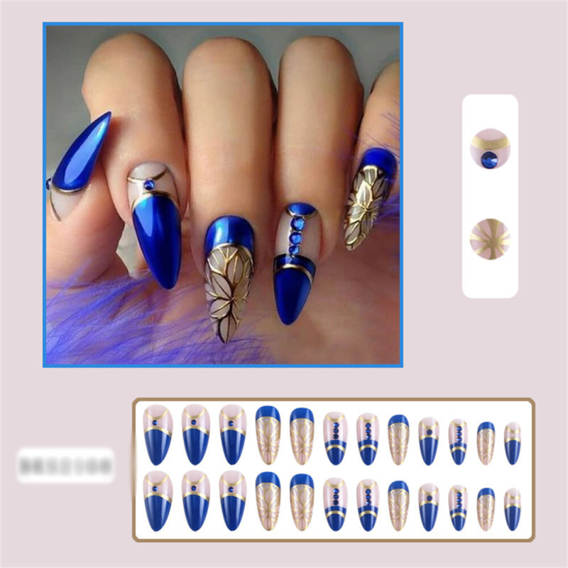 Glossy Blue Retro False Nail Short Almond Press on Nails for Nail Art 24pcs
