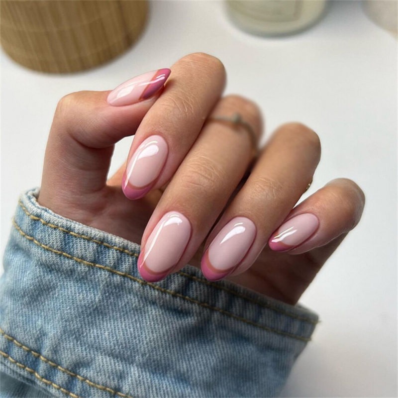 French Tips Pink Color False Nail Short Almond Press on Nails for Nail Art 24pcs