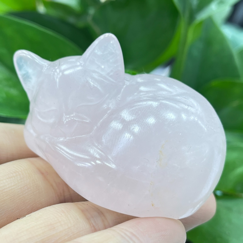 1pc Natural pink rose quartz Sleep cat carved quartz crystal animal skull 2"