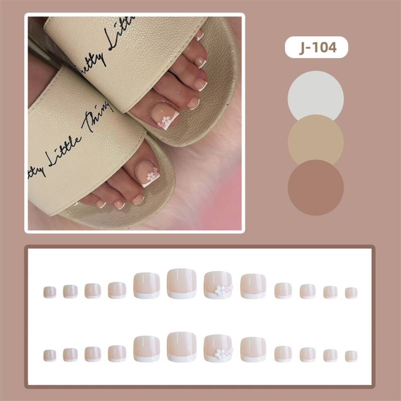 Fashionable Short Toe Press-On False Nail Elegant Flowers French Pedicure 24pcs