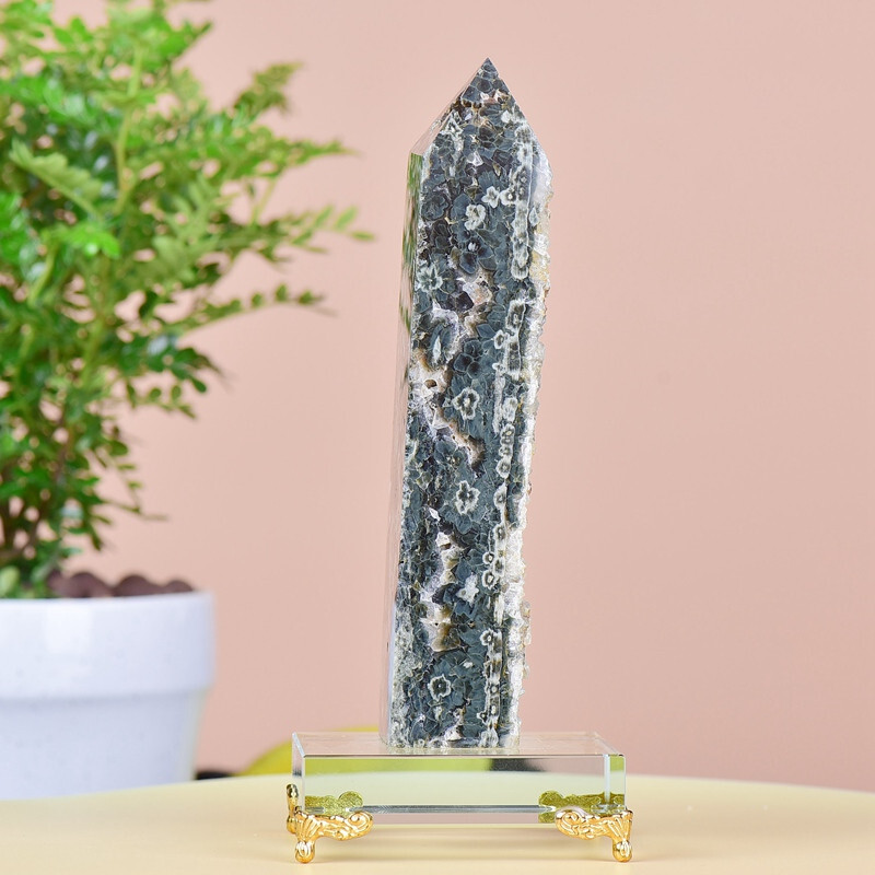 1.34LB Natuar Ocean Jasper Crystal Obelisk Point Wand Stone Quartz Healing