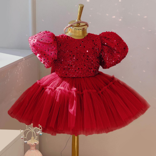 Baby Champagne Baptism Dress Cute Girl Sequin Puff Sleeve Fairy 1 Year Birthday