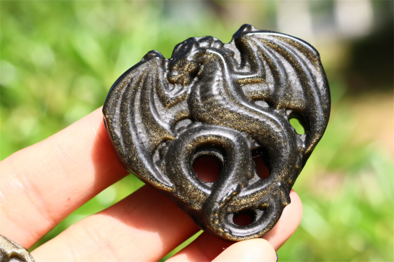 1.9" Hand Carved Natural Gold obsidian dragon Reiki Crystal Skull decor 1PC