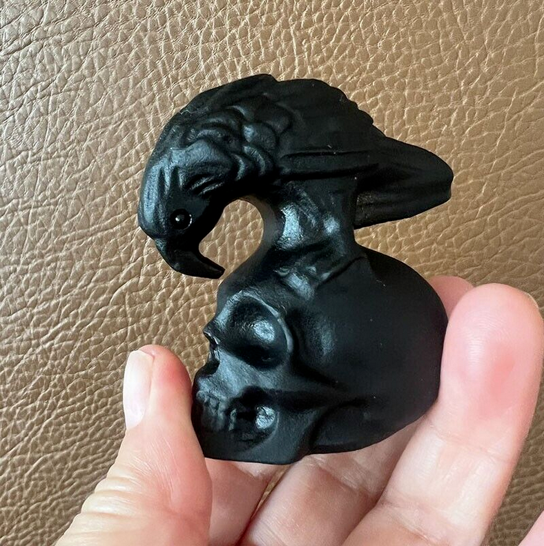TOP ! Natural Obsidian Hand Carved Crow Skull Crystal Quartz Reiki Healing 1PC