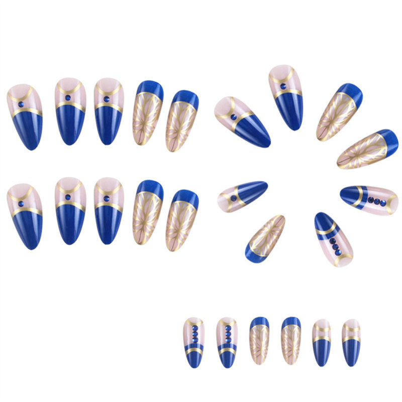 Glossy Blue Retro False Nail Short Almond Press on Nails for Nail Art 24pcs