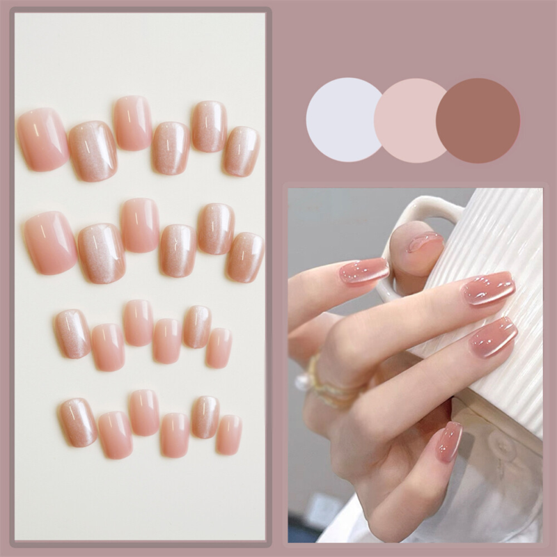 Nude Color Cat Eye False Nail Short Square Press on Nails for Nail Art 24pcs
