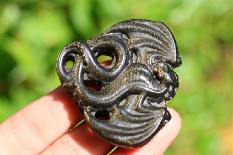 1.9" Hand Carved Natural Gold obsidian dragon Reiki Crystal Skull decor 1PC
