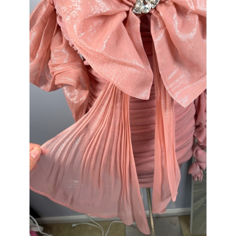 Nana Jacqueline Viviana Pink Ruched Puff Sleeve Off the Shoulder Mini Dress Sz L