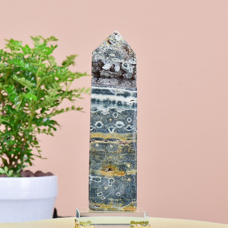 2.27LB Natuar Ocean Jasper Crystal Obelisk Point Wand Stone Quartz Healing
