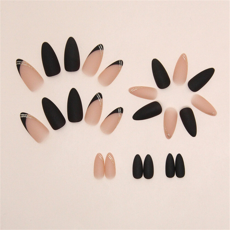 Cool Black French False Nail Short Almond Press on Nails for Nail Art 24pcs