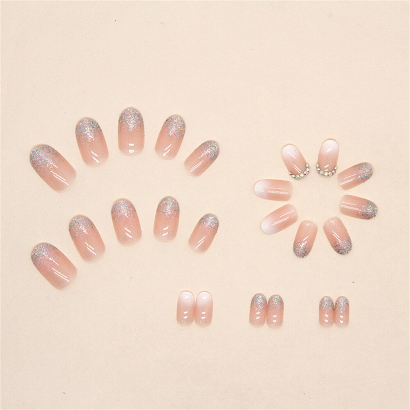 Glitter Gradient Pink False Nail Short Almond Press on Nails for Nail Art 24pcs