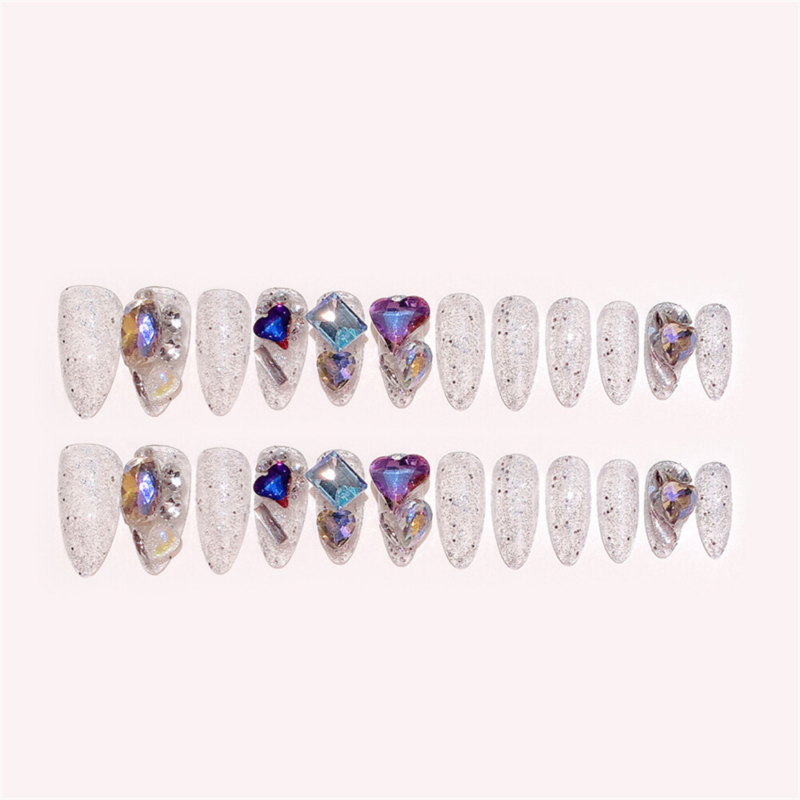 Colorful Diamond Shiny False Nail Long Almond Press on Nails for Nail Art 24pcs