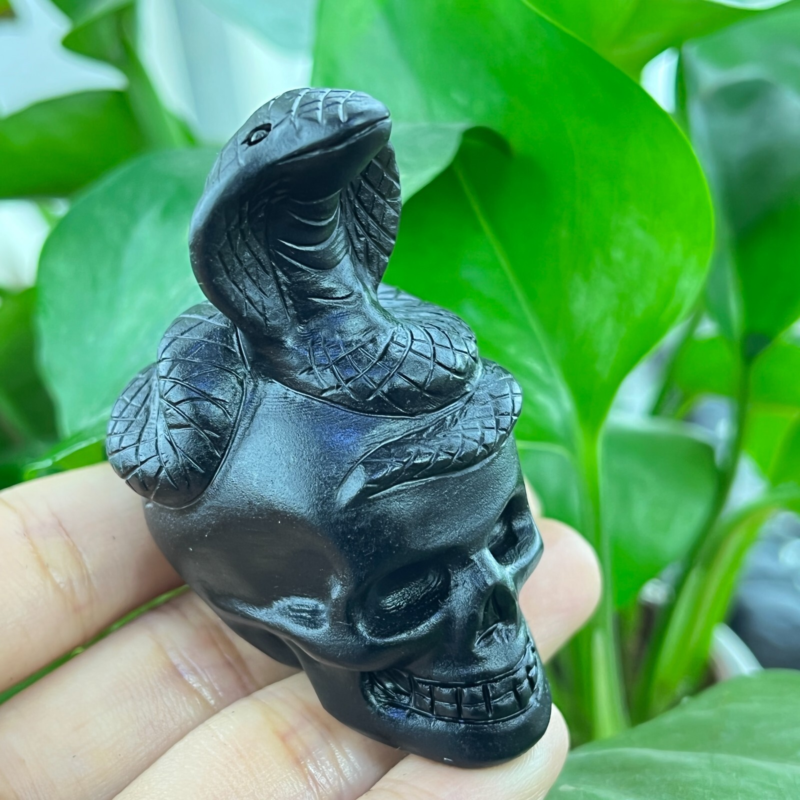 1pc Natural obsidian snake hand carved quartz crystal animal skull Reiki gift 2"