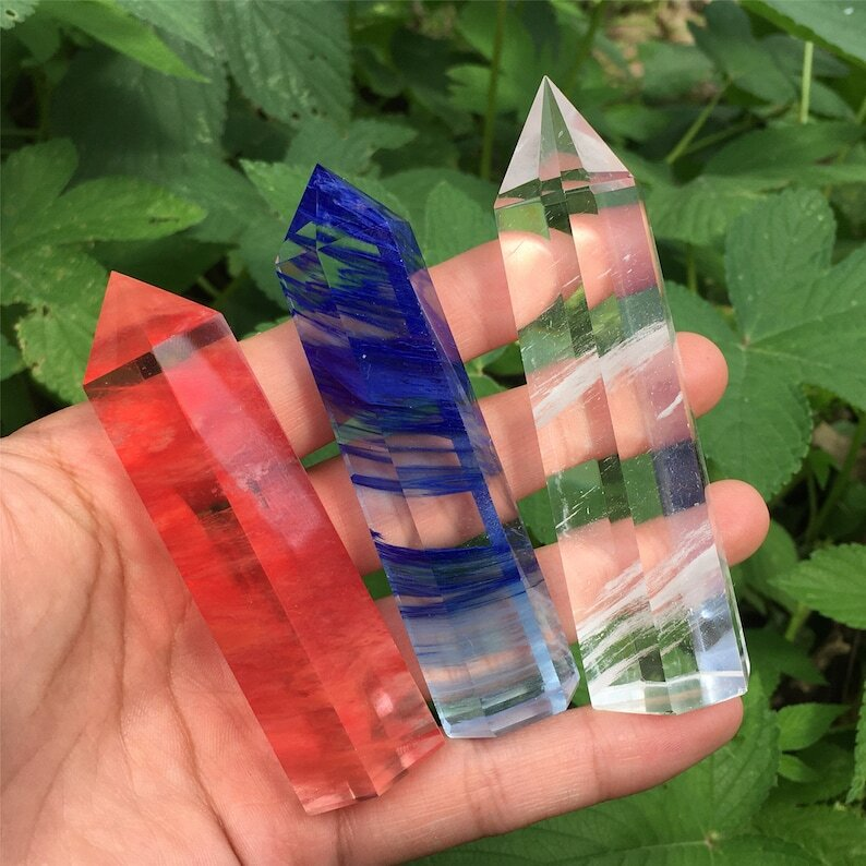 3PC Red+Blue+Clear Melting Stone Obelisk Quartz Crystal Wand Point Decoration