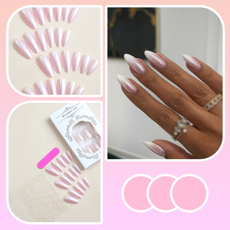 Metallic Shimmer False Nail Short Almond Press on Nails for Nail Art Decor 24pcs