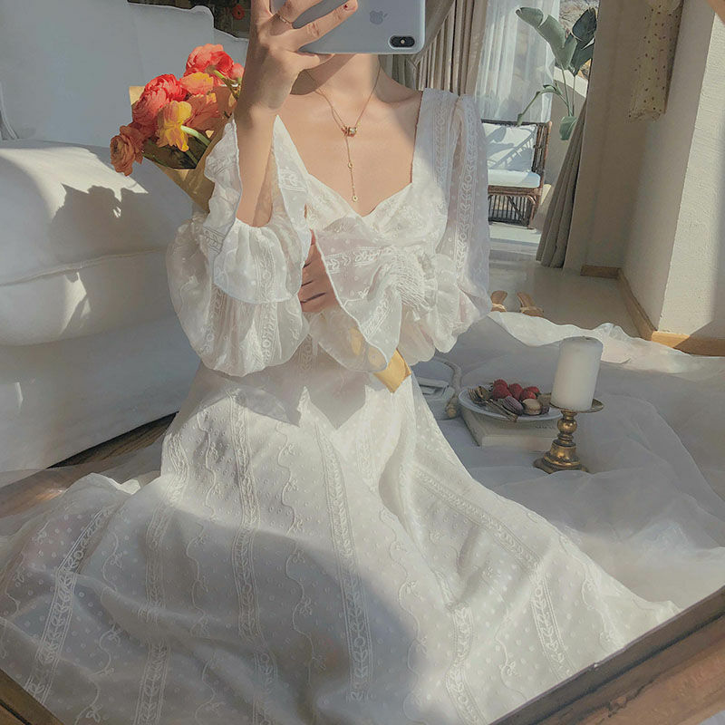 Vintage Fairy Dress Women Elegant Chiffon Dress Long Sleeve French Party Midi