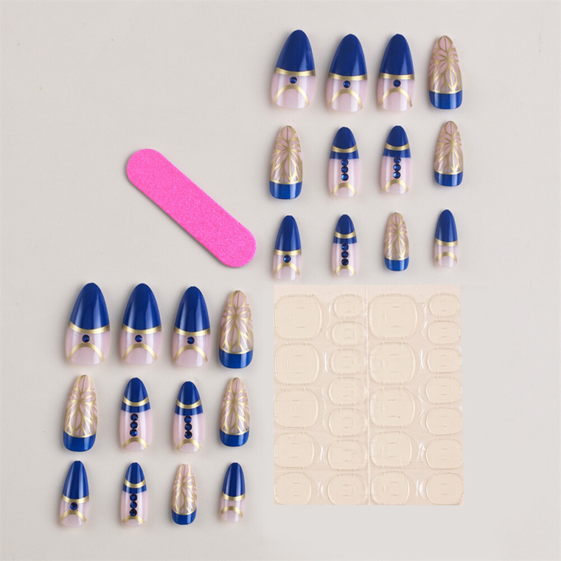 Glossy Blue Retro False Nail Short Almond Press on Nails for Nail Art 24pcs