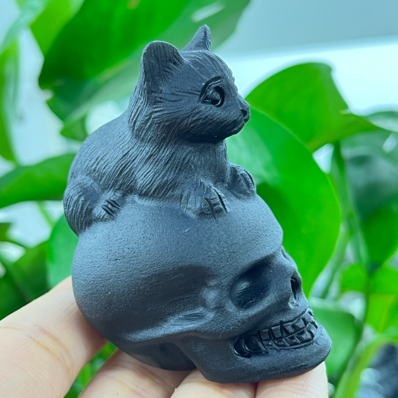 1pc Natural obsidian cat hand carved quartz crystal animal skull Reiki gift 2"