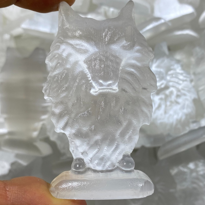 2"+Natural Gypsum Selenite Wolf Hand Carved Quartz Crystal Reiki healing 1PC