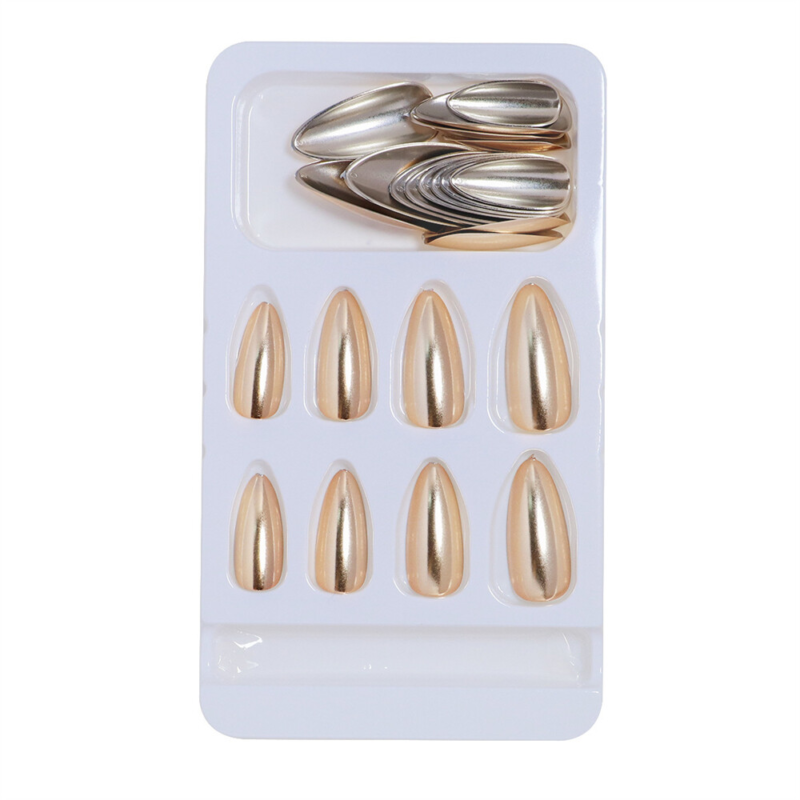 Mirror Laser Gold False Nail Short Almond Press on Nails for Nail Art 24pcs