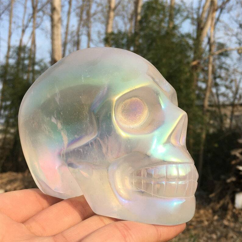 Titanium Rainbow Clear Melting stone Crystal Skull Reiki Heal Mineral Sample 1PC