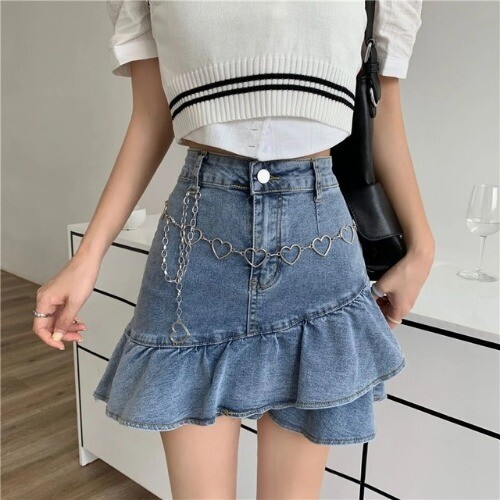 Kawaii Girl Hot sweet DenimSkirt Pleated Casual High Waist A Word Short Skirt