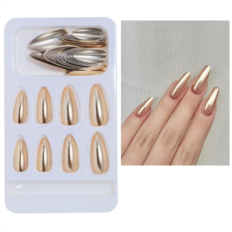 Mirror Laser Gold False Nail Short Almond Press on Nails for Nail Art 24pcs