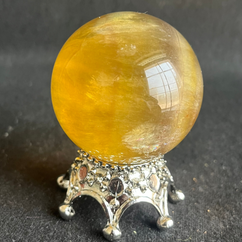 209G Natural yellow fluorite quartz crystal ball sphere healing+stand