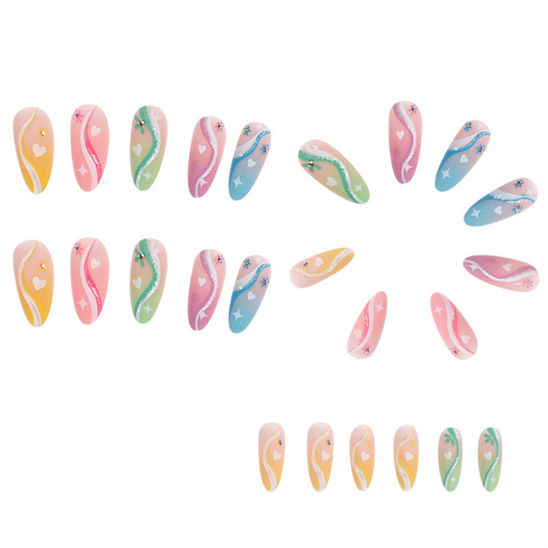 Colorful False Nail with Heart Short Almond Press on Nails for Nail Art 24pcs