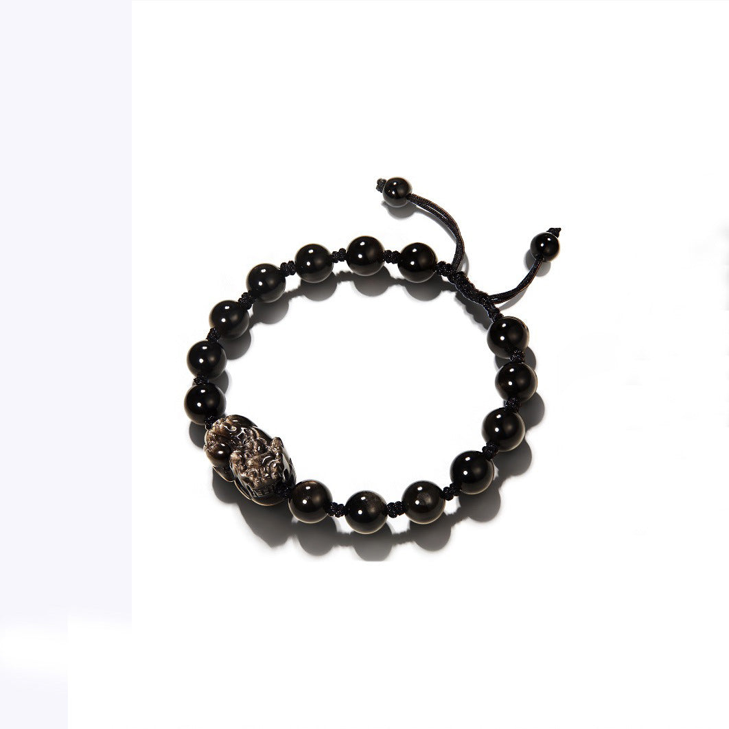 Natural Strawberry Quartz Women's Hand-Knitted Rope Couple's Gold Obsidian Pi Xiu Bracelet Men's and Women's Light Luxury Single Circle Court Bracelet